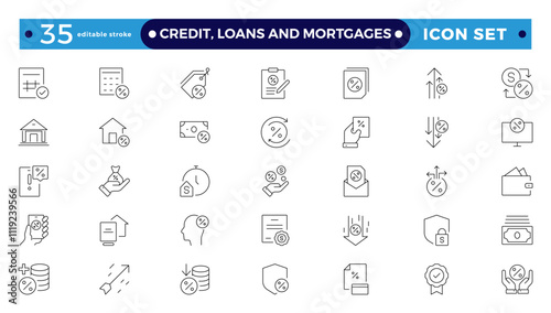 Credit, Loans and Mortgages web icons in outline style. Credit card, deposit, car leasing, rate interest, calculator, income, rating, collection. Editable stroke outline icon.