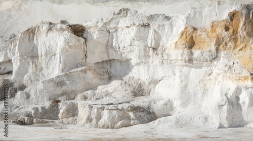 Stratum of pure white rock and chalk displays the outcomes of geological processes that occurred over millions of years, creating a fascinating geological landscape with ample photo space. photo