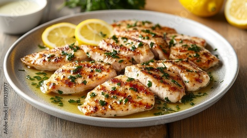 Grilled Chicken Fillets Garnished with Fresh Herbs and Lemon Slices