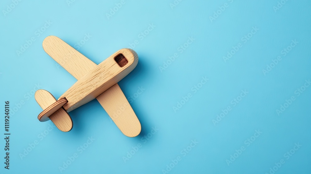 Wooden toy airplane captured against a blue background, highlighting the charm of the wooden toy airplane with ample space for text or design elements. Wooden toy airplane captured against a blue background, highlighting the charm of the wooden toy airplane with ample space for text or design elements.