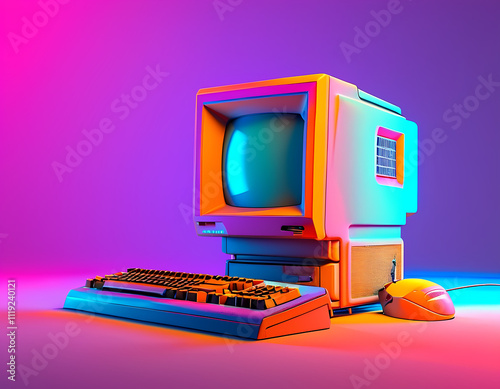 Neon Retro Computer Setup with CRT Monitor and Vibrant Colors