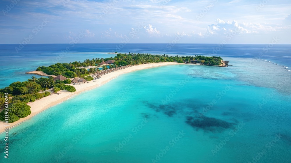 Fototapeta premium Aerial view captures a serene tropical beach, where turquoise water envelops a tranquil island, ideal for relaxation, exploration, and breathtaking scenery. Ample space for text.