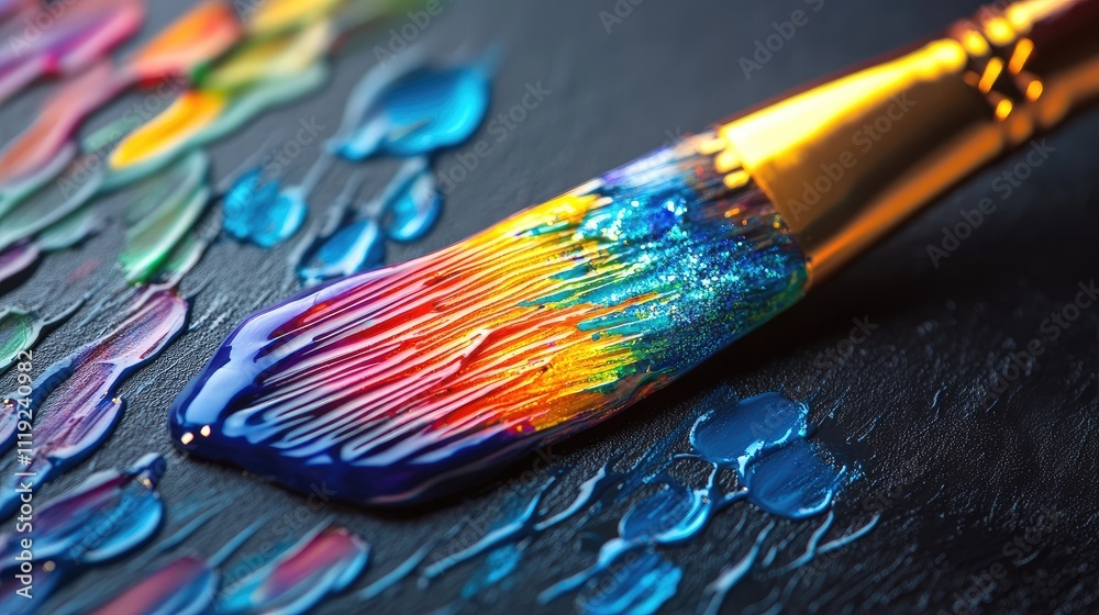 Fototapeta premium Rainbow-colored paintbrush design embossed on glass, creating a vibrant and artistic effect. The paintbrush captures a sense of creativity, with ample copy space for your needs.