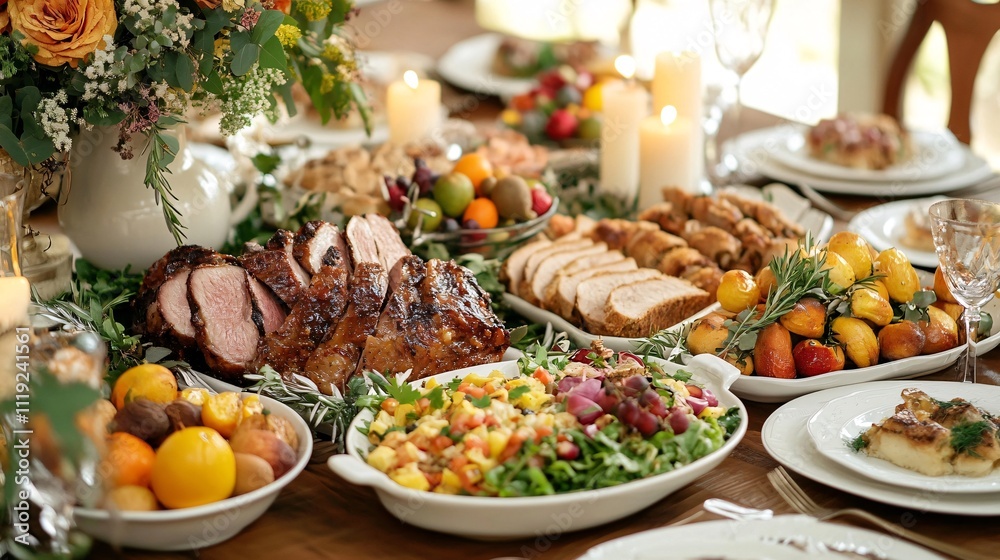 Abundant Thanksgiving feast on a rustic wooden table, featuring roasted meats, salads, and various side dishes, surrounded by candles and flowers. Abundant Thanksgiving feast on a rustic wooden table, featuring roasted meats, salads, and various side dishes, surrounded by candles and flowers.