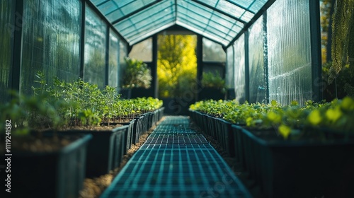 Empty greenhouse filled with unpotted seedlings, creating a serene environment for growth, with ample photo style copy space to highlight the unpotted seedlings. photo