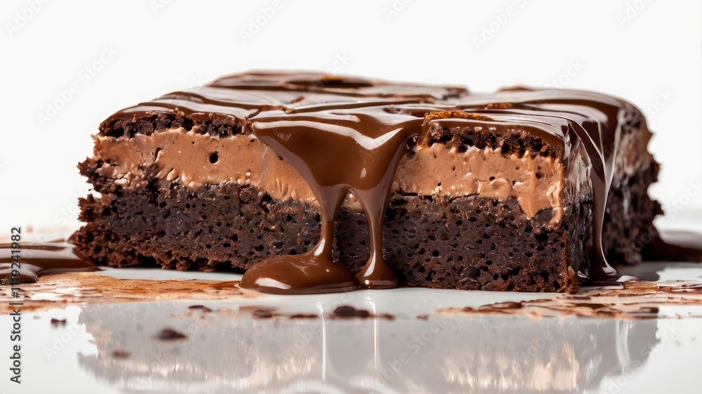 Brownie piece with melted chocolate cream isolated on white background Brownie piece with melted chocolate cream isolated on white background