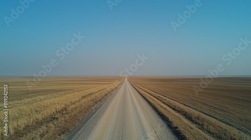 Long road extending across flat terrain, disappearing into the horizon under a clear sky