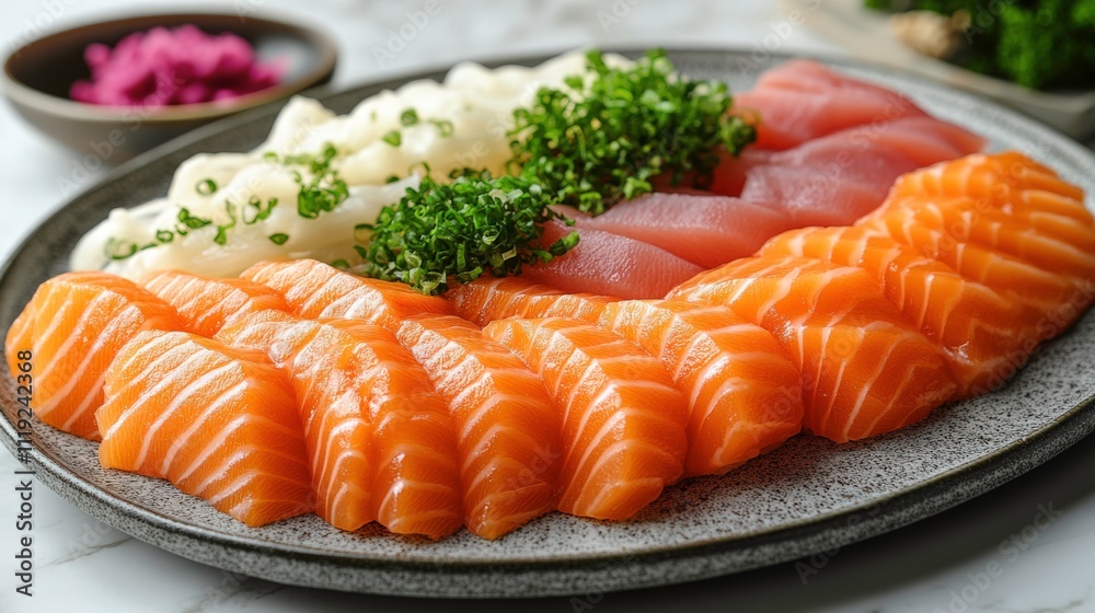 High-Angle View of Sashimi Platter with Salmon, Tuna, Yellowtail, and Garnishes on White Marble Surface, Perfect for Culinary Branding High-Angle View of Sashimi Platter with Salmon, Tuna, Yellowtail, and Garnishes on White Marble Surface, Perfect for Culinary Branding