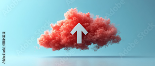 3d white and red up arrow and white icon cloud white background.