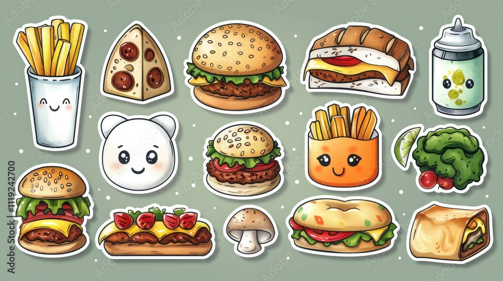 Cute cartoon food stickers burgers, fries, pizza, sandwich, vegetables. Cute cartoon food stickers burgers, fries, pizza, sandwich, vegetables.
