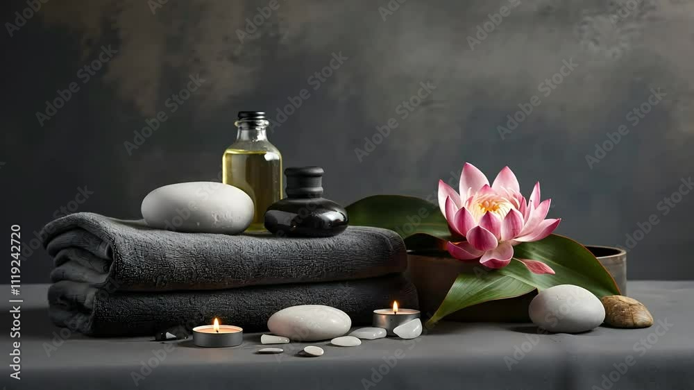 Relaxing Spa Retreat Still Life with Lotus Flower, Candles, and Smooth Stones