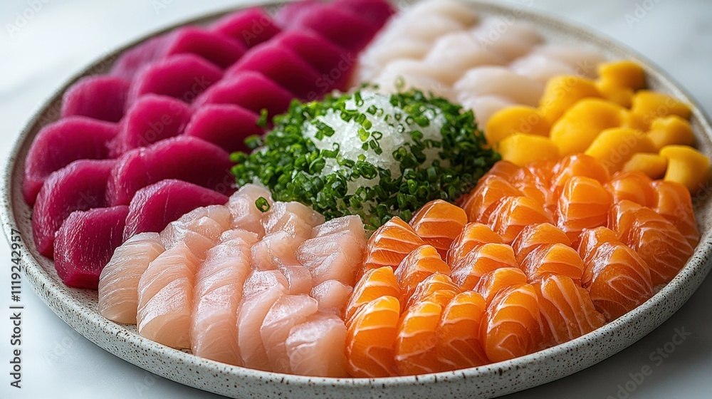 High-Angle View of Sashimi Platter with Salmon, Tuna, Yellowtail, and Garnishes on White Marble Surface, Perfect for Culinary Branding