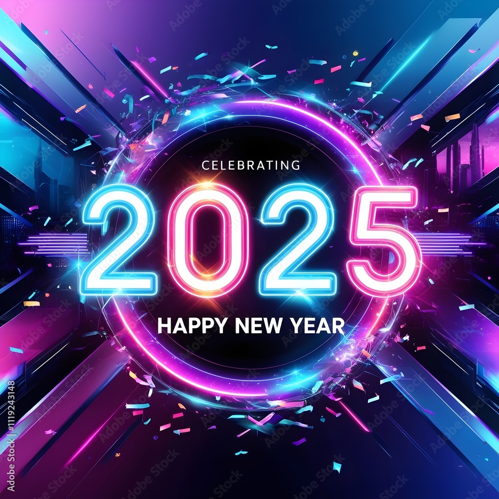 Obraz premium Celebrate 2025 with a vibrant, modern design featuring neon '2025,' holographic effects, digital gradients, and a sleek high-tech New Year theme.