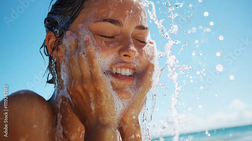 A cheerful young woman splashes water on her face, enjoying a refreshing moment by the seaside