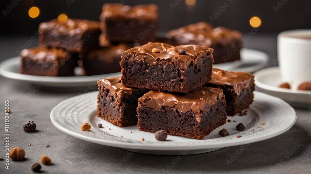 Brownie piece with melted chocolate cream isolated on white background