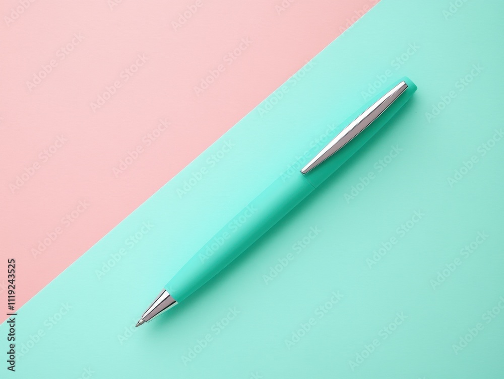 A teal pen resting on a split pastel background of pink and turquoise. A teal pen resting on a split pastel background of pink and turquoise.