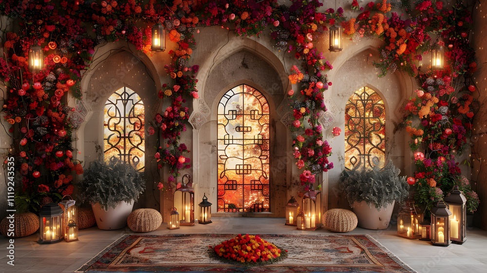 Ornate floral archway with stained glass windows, illuminated by lanterns and pumpkins. Ornate floral archway with stained glass windows, illuminated by lanterns and pumpkins.