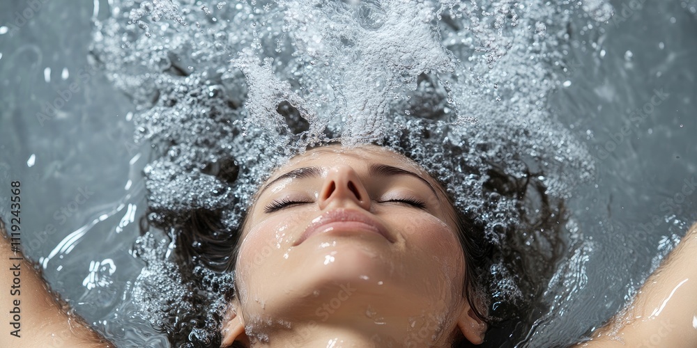 Obraz premium A woman reclining upside down is enjoying a luxurious spa water beauty treatment, emphasizing wellness and relaxation in a salon setting, highlighting the luxury experience.