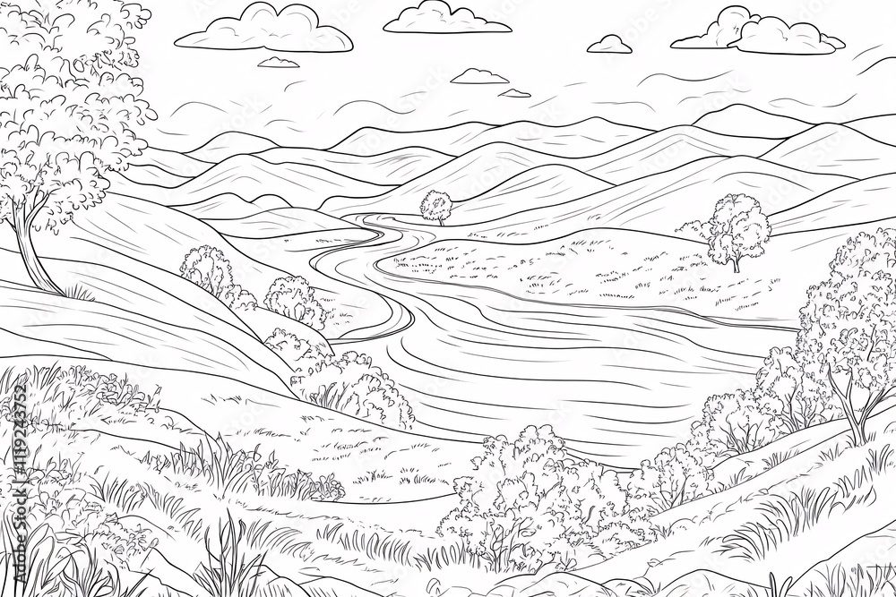 Fototapeta premium Black and white line drawing of a scenic landscape with rolling hills, a winding road, and lush vegetation. Generative ai