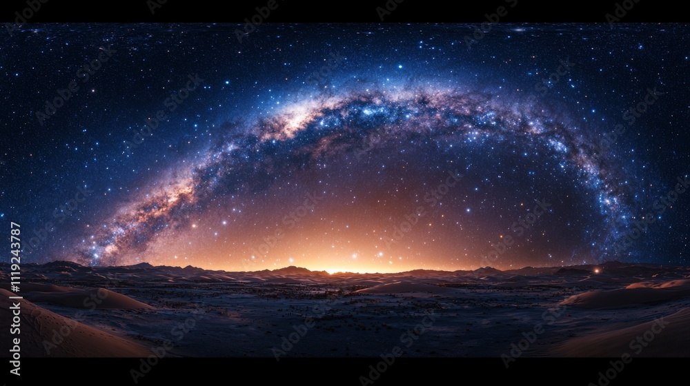 Majestic Milky Way Galaxy Over Desert Landscape at Night Majestic Milky Way Galaxy Over Desert Landscape at Night