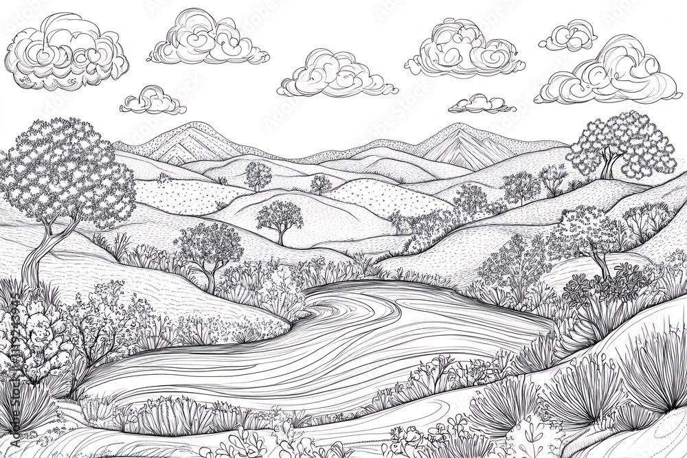 Fototapeta premium Black and white illustration of a serene landscape with rolling hills, a meandering river, and scattered trees under a cloudy sky.