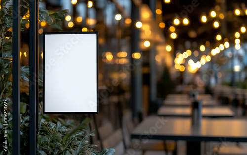 blank poster mockup displayed in restaurant setting with warm lights