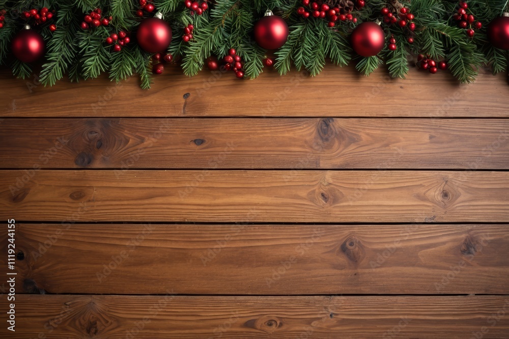 christmas decorations on a wooden background with red balls and pine needles christmas decorations on a wooden background with red balls and pine needles