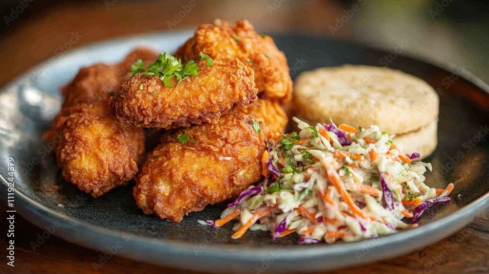 Plate of golden fried chicken served with coleslaw and biscuits