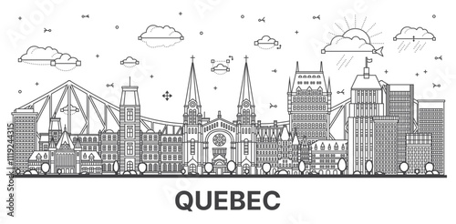 Outline Quebec Canada city skyline with modern and historic buildings isolated on white. Quebec cityscape with landmarks.