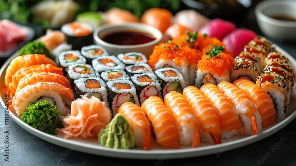 Family-Style Sushi Set with Colorful Rolls, Nigiri, and Maki on a Rustic Bamboo Board for Cozy Group Dining Family-Style Sushi Set with Colorful Rolls, Nigiri, and Maki on a Rustic Bamboo Board for Cozy Group Dining