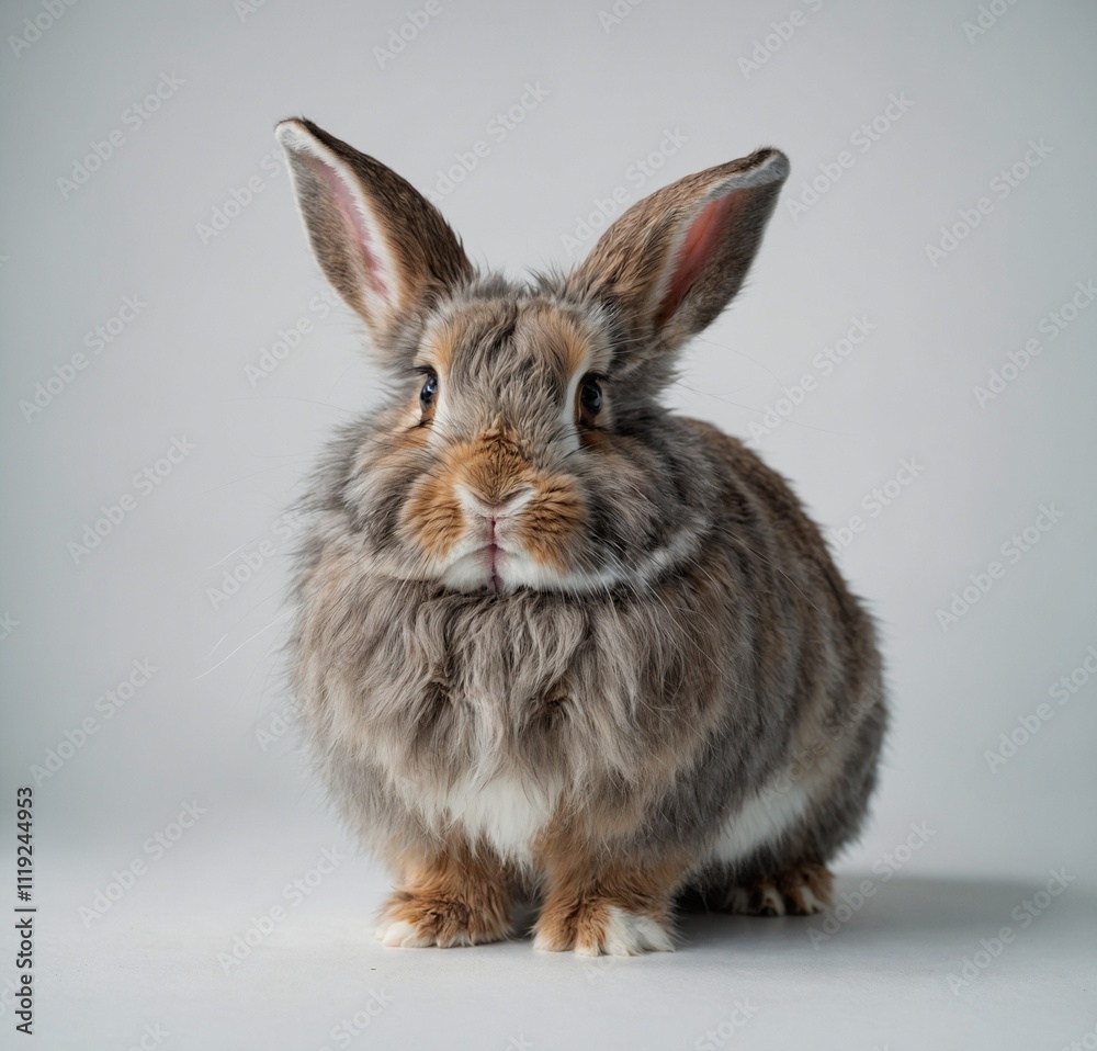 Obraz premium A cute, fluffy rabbit with long ears standing alert on a white background.