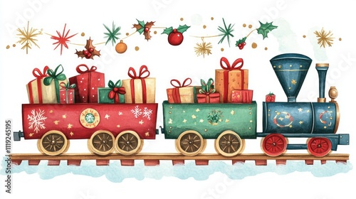 Whimsical Christmas train illustration with gift-filled cars and festive decorations, creating a joyful holiday design