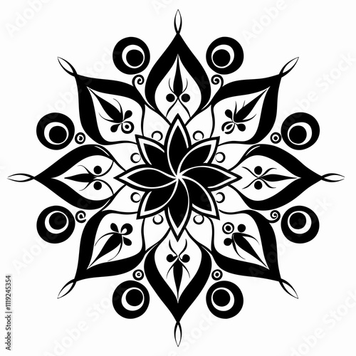 abstract floral design, black and white, symmetrical pattern, stylized flowers, elegant swirls, graphic elements, artistic motif, minimalist decor, botanical theme, modern illustration, mandala vector