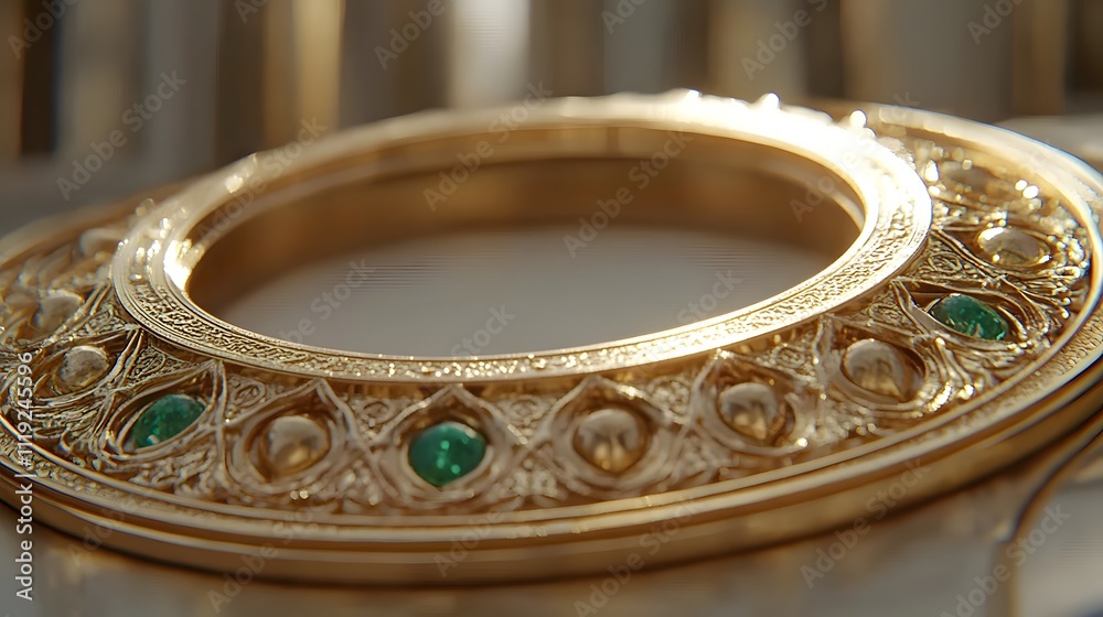 Ornate gold ring with emeralds.