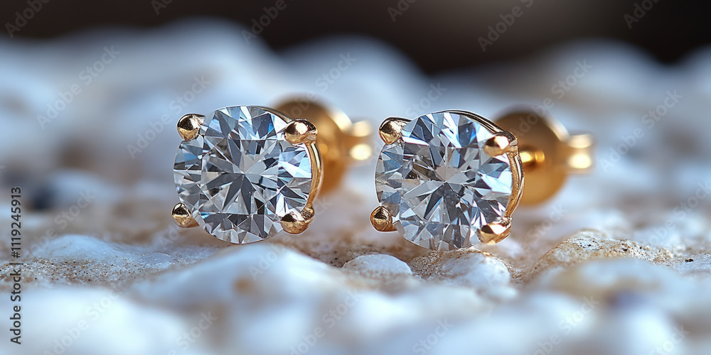 A pair of round diamond stud earrings resting on a flat polished stone background, white and gold color scheme. A pair of round diamond stud earrings resting on a flat polished stone background, white and gold color scheme.