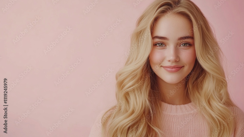 A young person with long, flowing blonde hair beams with joy against a soft pastel background. The radiant smile reflects a sense of happiness and warmth, inviting connection and positivity