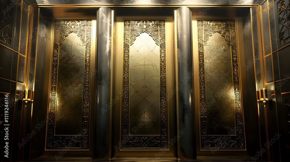 Ornate, golden, dark interior with pillars and decorative panels. Ornate, golden, dark interior with pillars and decorative panels.