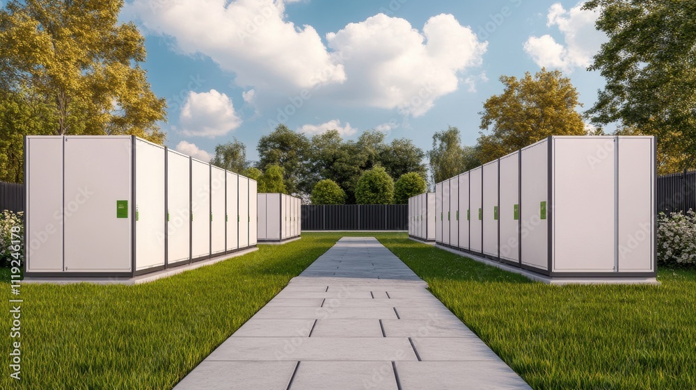 Obraz premium Modular energy storage units in a minimalist design for sustainable and efficient energy management solutions.