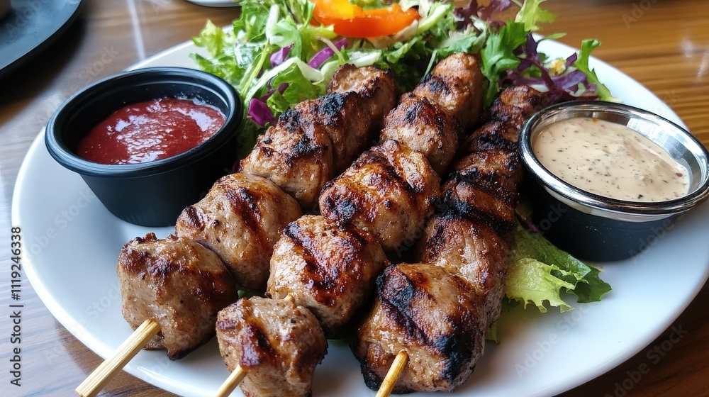Plate of grilled skewers served with fresh salad and dipping sauces Plate of grilled skewers served with fresh salad and dipping sauces