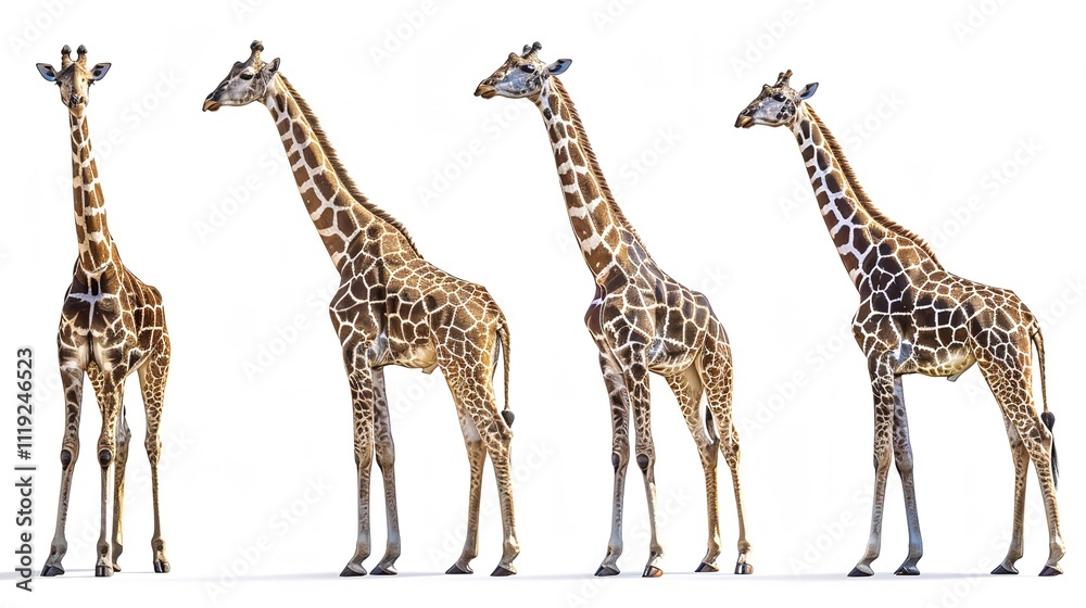 Obraz premium Four giraffes standing side by side, facing the right in isolated on transparent background