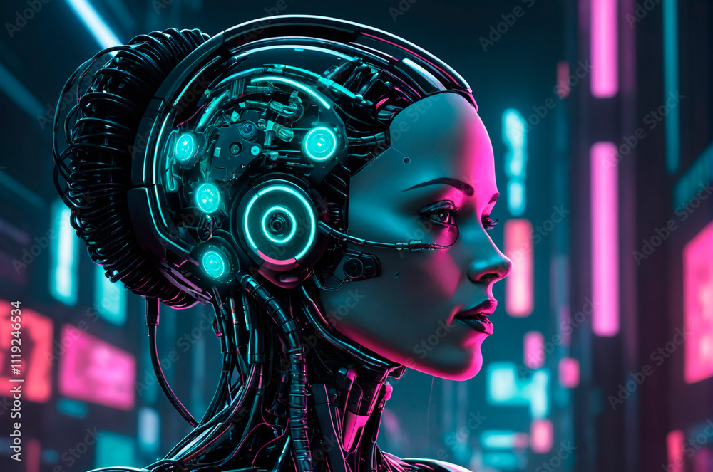 Development of artificial intelligence, illustration, neon aesthetics, neo-noir, cyberpunk. Generative AI. Development of artificial intelligence, illustration, neon aesthetics, neo-noir, cyberpunk. Generative AI.