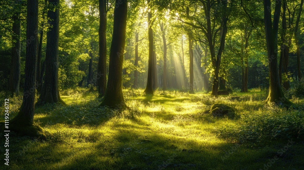 Obraz premium Sunlit Forest Path: A Tranquil Escape into Nature's Embrace