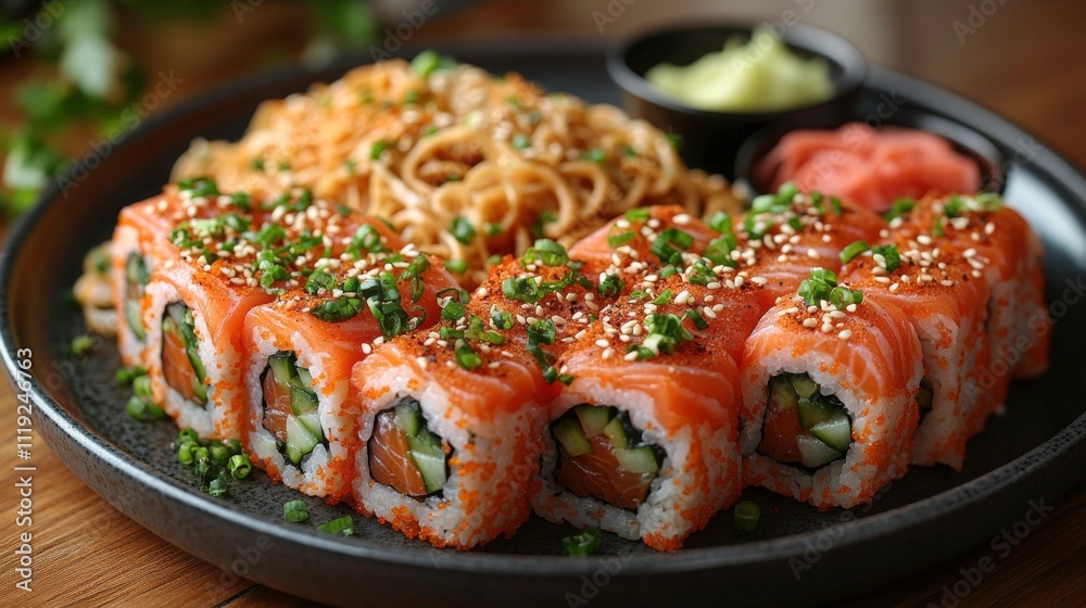 Artistic Presentation of Sushi Platter with Salmon, Tuna, and Avocado Rolls, Garnished with Sesame Seeds and Wasabi on Black Stone Plate Artistic Presentation of Sushi Platter with Salmon, Tuna, and Avocado Rolls, Garnished with Sesame Seeds and Wasabi on Black Stone Plate