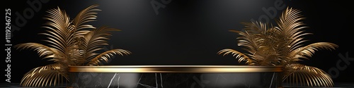 Gold Palm Leaves Product Display Podium on Black Marble Background - 3D Rendering for Cosmetics or Dais