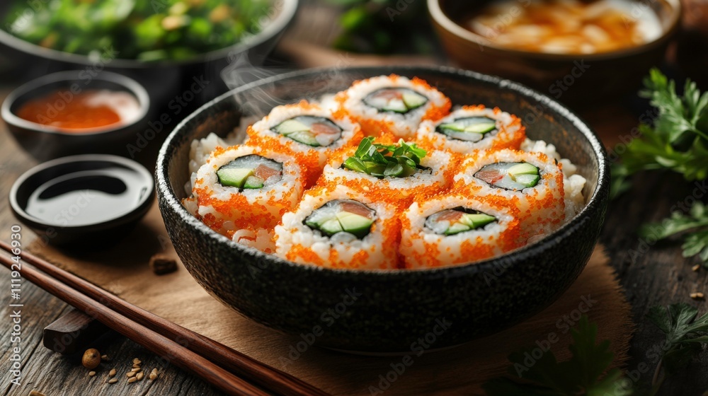 Artistic Presentation of Sushi Platter with Salmon, Tuna, and Avocado Rolls, Garnished with Sesame Seeds and Wasabi on Black Stone Plate Artistic Presentation of Sushi Platter with Salmon, Tuna, and Avocado Rolls, Garnished with Sesame Seeds and Wasabi on Black Stone Plate