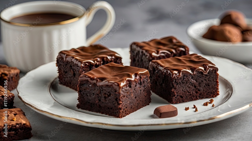 Brownies Kukus or Chocolate Steam Cake Brownies with marble chocolate glaze on top. Served in white ceramics pllate. Selective focus, white background