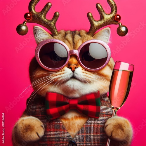 A quirky and festive cat in stylish sunglasses holds a glass of champagne, exuding festive mood and cool vibes. With his decorated antlers and cheerful expression, this playful scene, on a bright juic photo