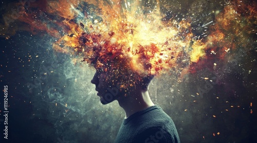 Mind blown concept with an explosion of ideas or creative elements coming out of a person's head