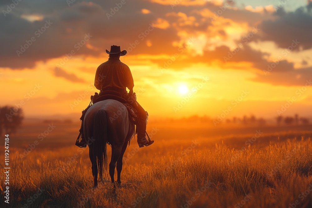 Silhouette of a Cowboy Riding Towards the Sunset