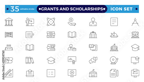 Grants and Scholarships outline icon set. Containing education, research, academic, degree, discipline, bachelor, anpost-graduate icon. Scholarship financial aid, grant. Editable stroke outline icon.
